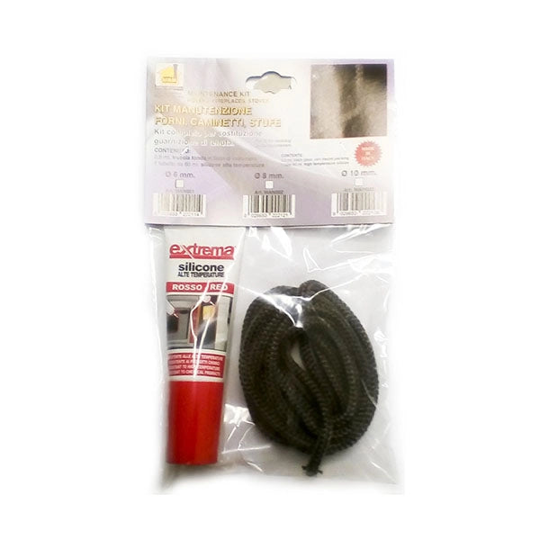Kit guarnizione vetro stufa pellet camino sportello 10 mm. 2,5 mt + silicone HT 60 ml.  treccia tonda