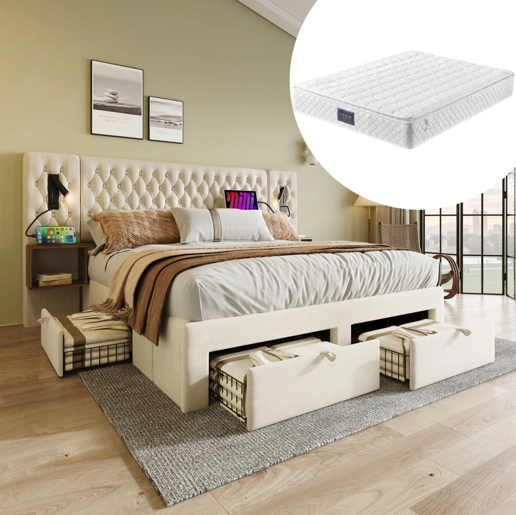 Set Letto Matrimoniale Beige in Velluto 160x200 cm con 2 Comodini, 4 Cassetti, Lampade da Lettura e Porta USB, Inclusa Materasso