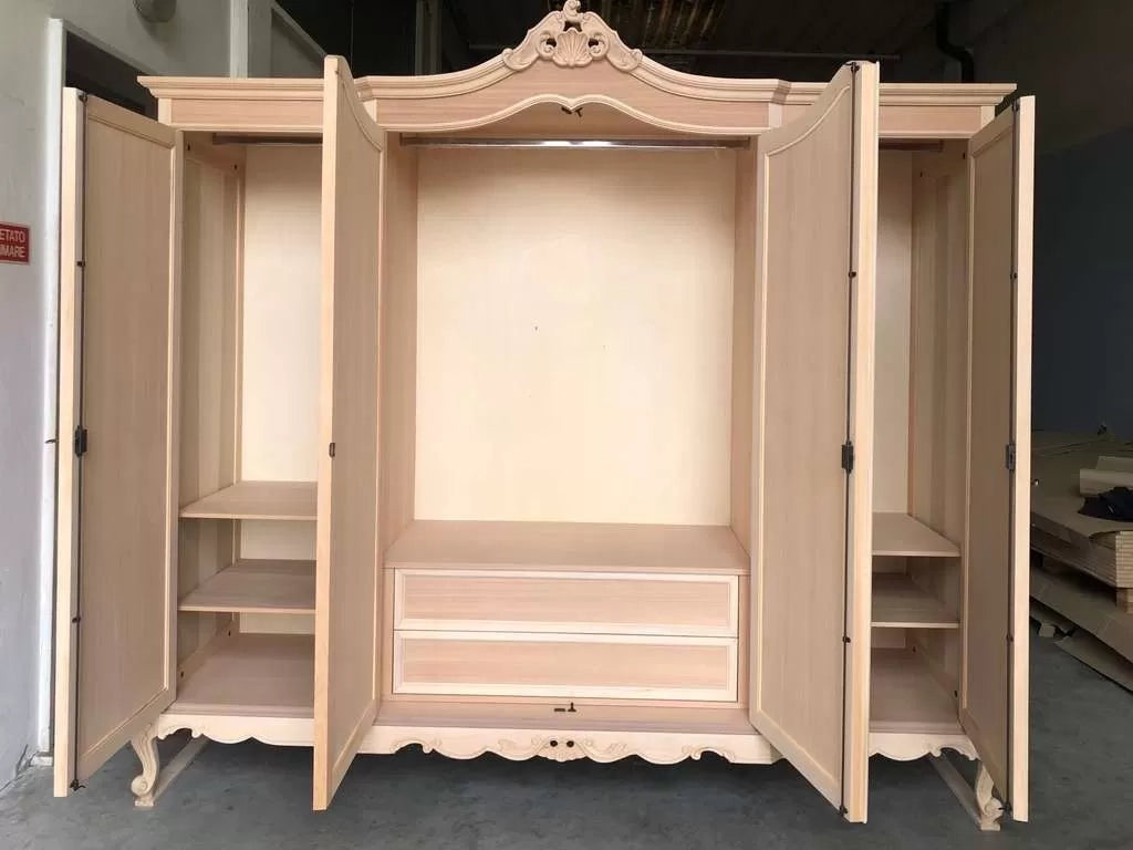 Armadio 4 porte classico barocco legno grezzo 225x73x230 - Mobili 2G