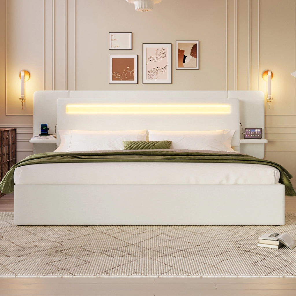 Letto contenitore 180 × 200 cm imbottito con sollevamento idraulico; comodino USB e LED multicolore beige