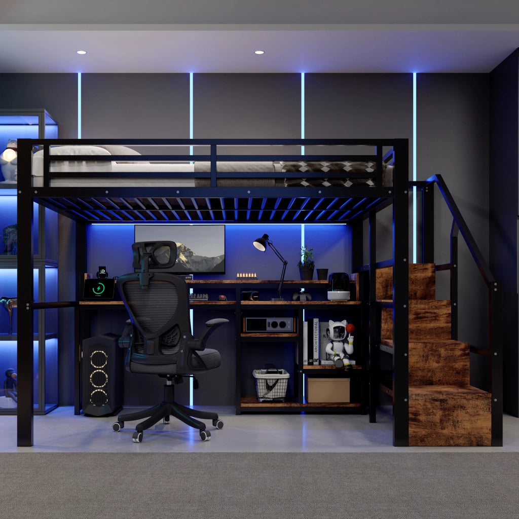 Letto a soppalco 140 × 200 cm con scala-armadio; ripiani; LED; porte USB e USB-C in metallo e MDF nero