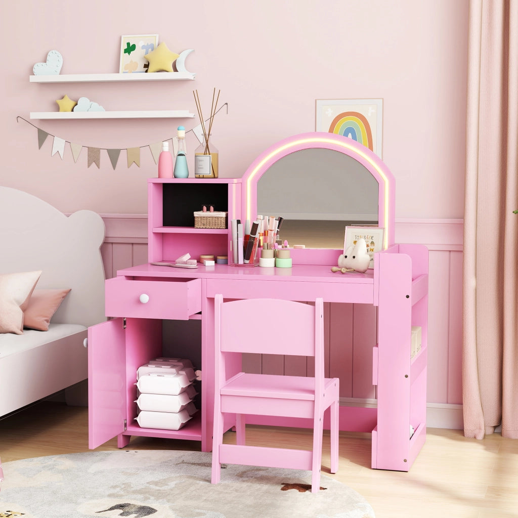 Set toeletta trucco per bambini con specchio, sedia, scaffali e libreria ¨C Minimal ¨C rosa