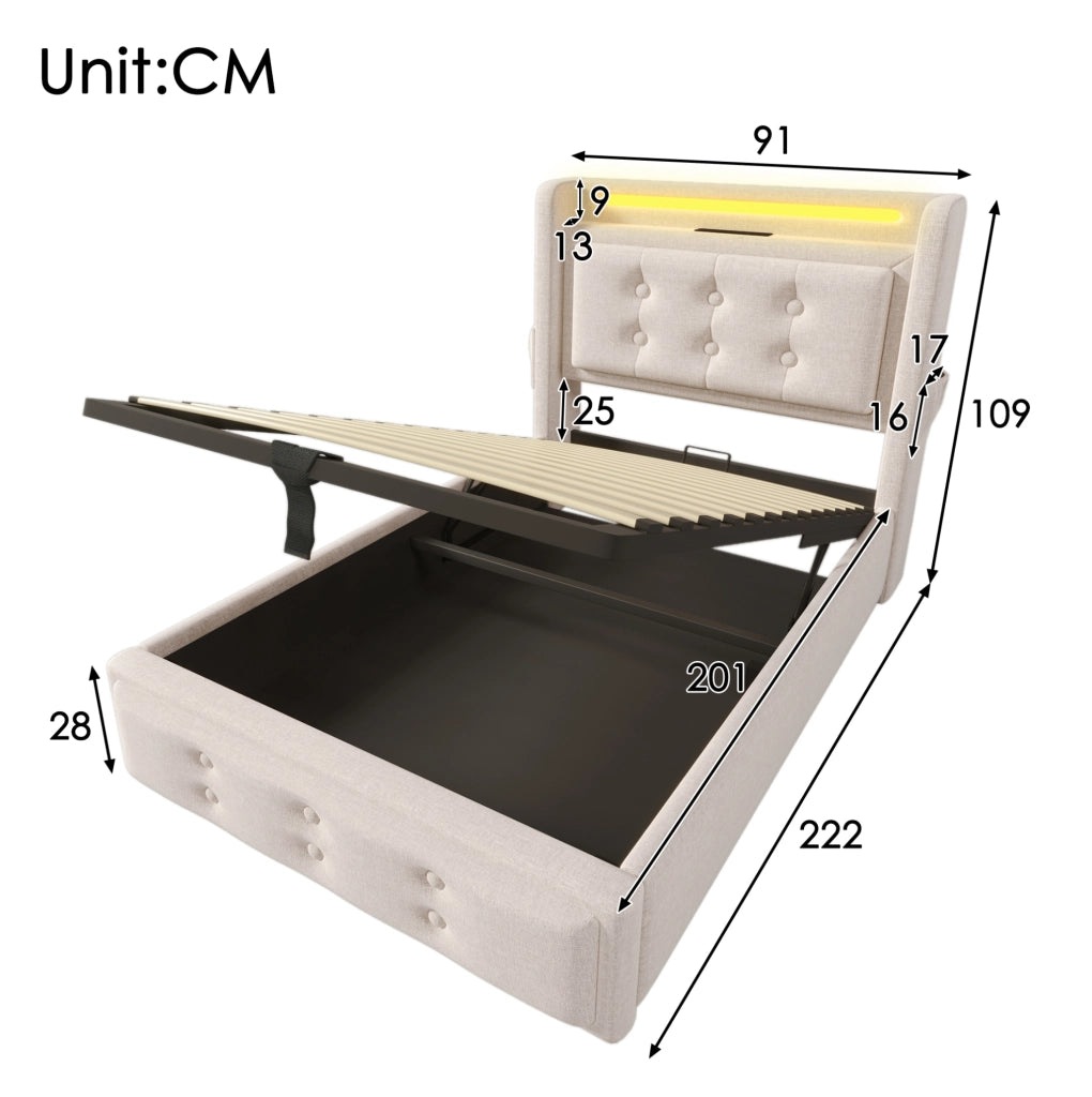 LETTO 90x200 cm Beige in cotone-lino con LED, prese, USB e Type C