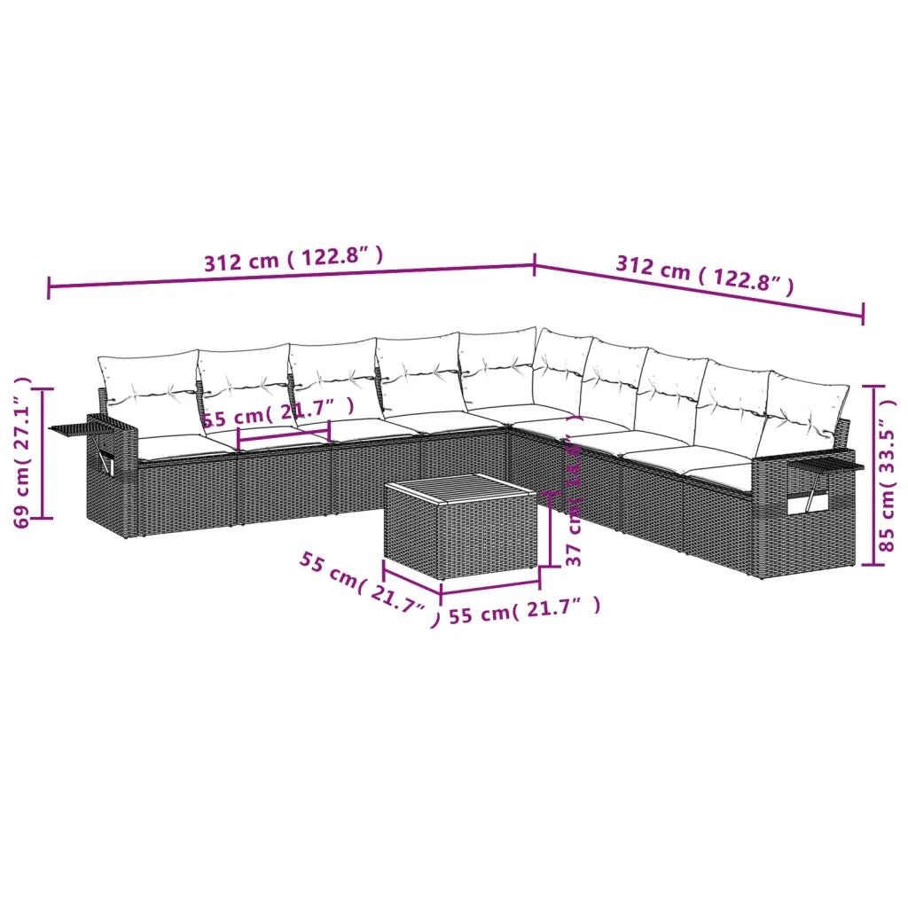 Set Divano da Giardino 10 pz con Cuscini Grigio in Polyrattan