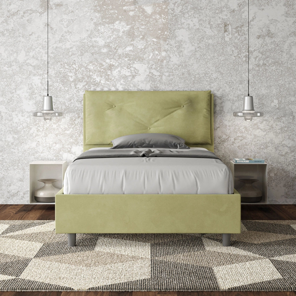 Letto 1 Piazza E Mezzo 130x190 cm con Rete e Contenitore Imbottito in Microfibra Appia Large Tè Verde