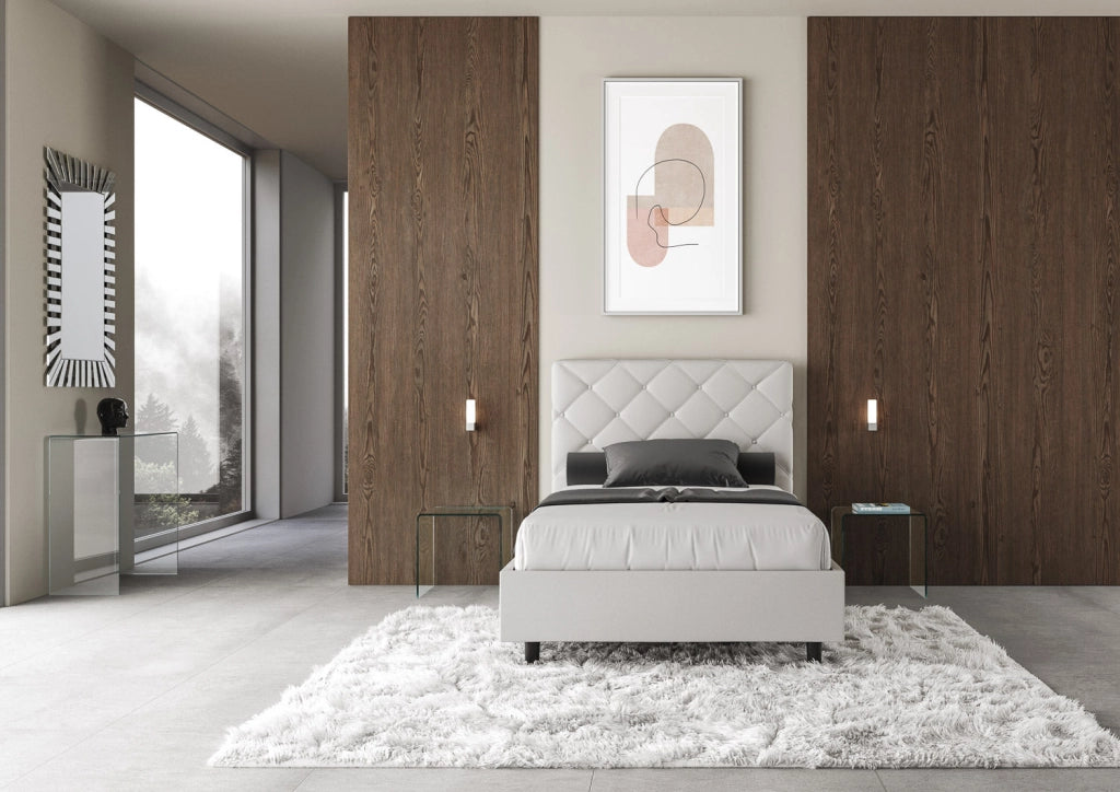 Letto Matrimoniale Francese 140x200 cm con Rete e Contenitore Priya Bianco