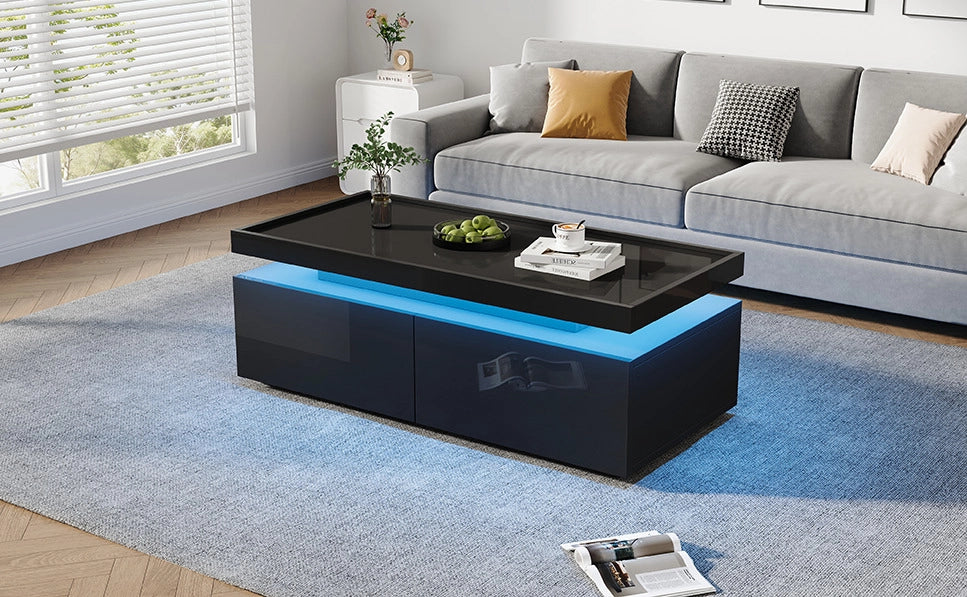 TAVOLINO DA CAFFÈ 95x45x35 cm Nero Lucido con LED e 2 Cassetti