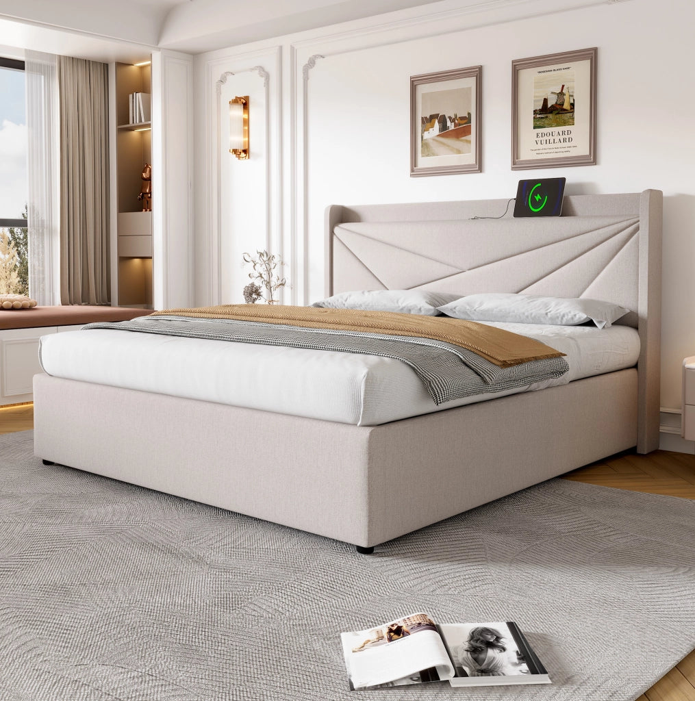 Letto matrimoniale contenitore 160x200 cm in cotone e lino beige con USB e Tipo C