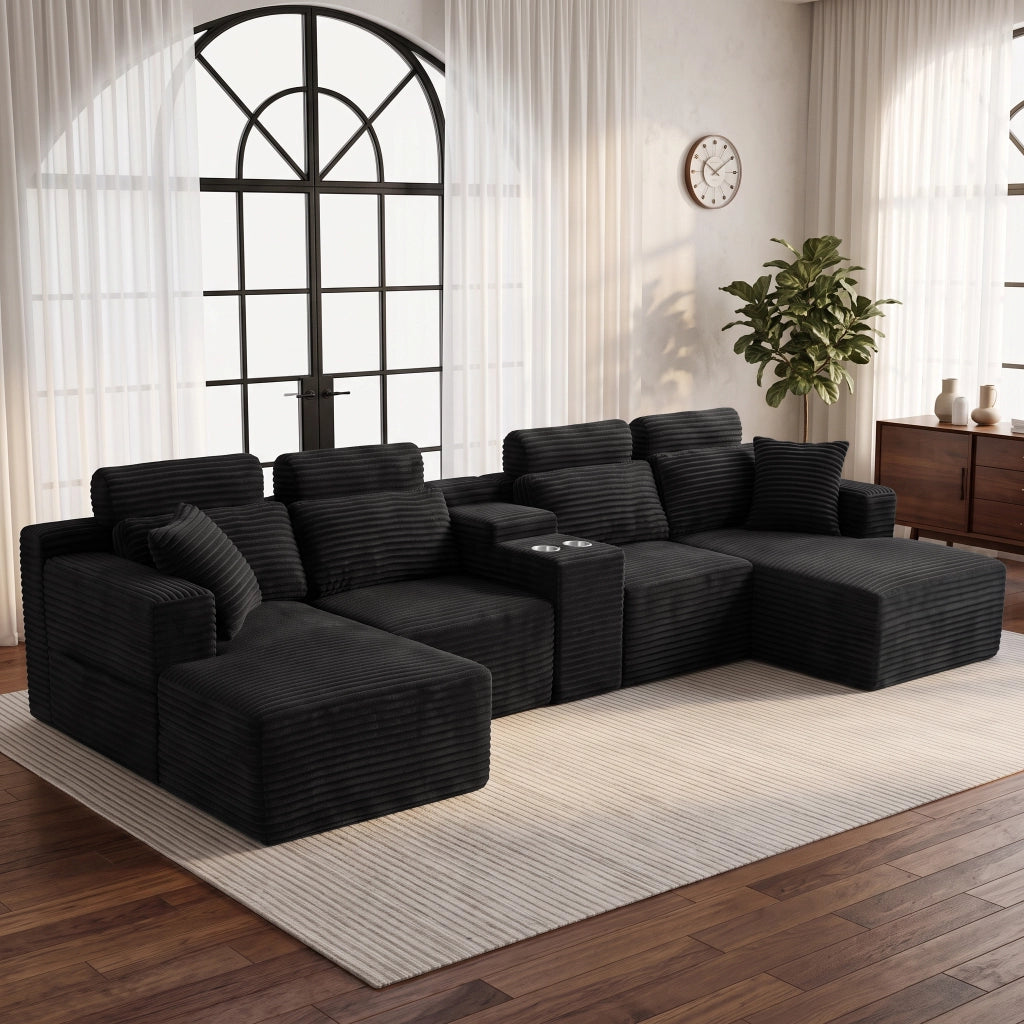 Divano Angolare Modulare a U 372 cm Cloud Sofa con Portabicchieri Integrati; Nero