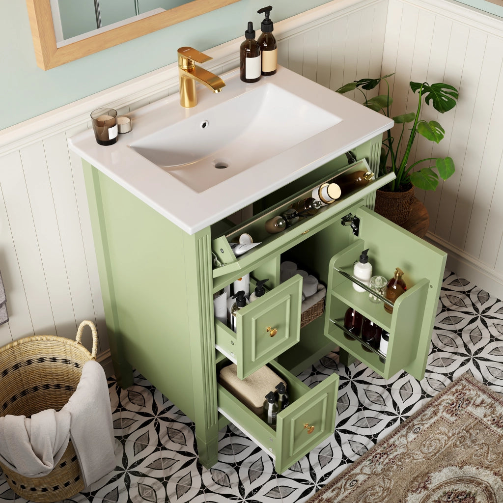 Mobile Bagno a Terra 61 cm con Lavabo in Ceramica; 3 Cassetti e 1 Anta; MDF; Verde Lucido