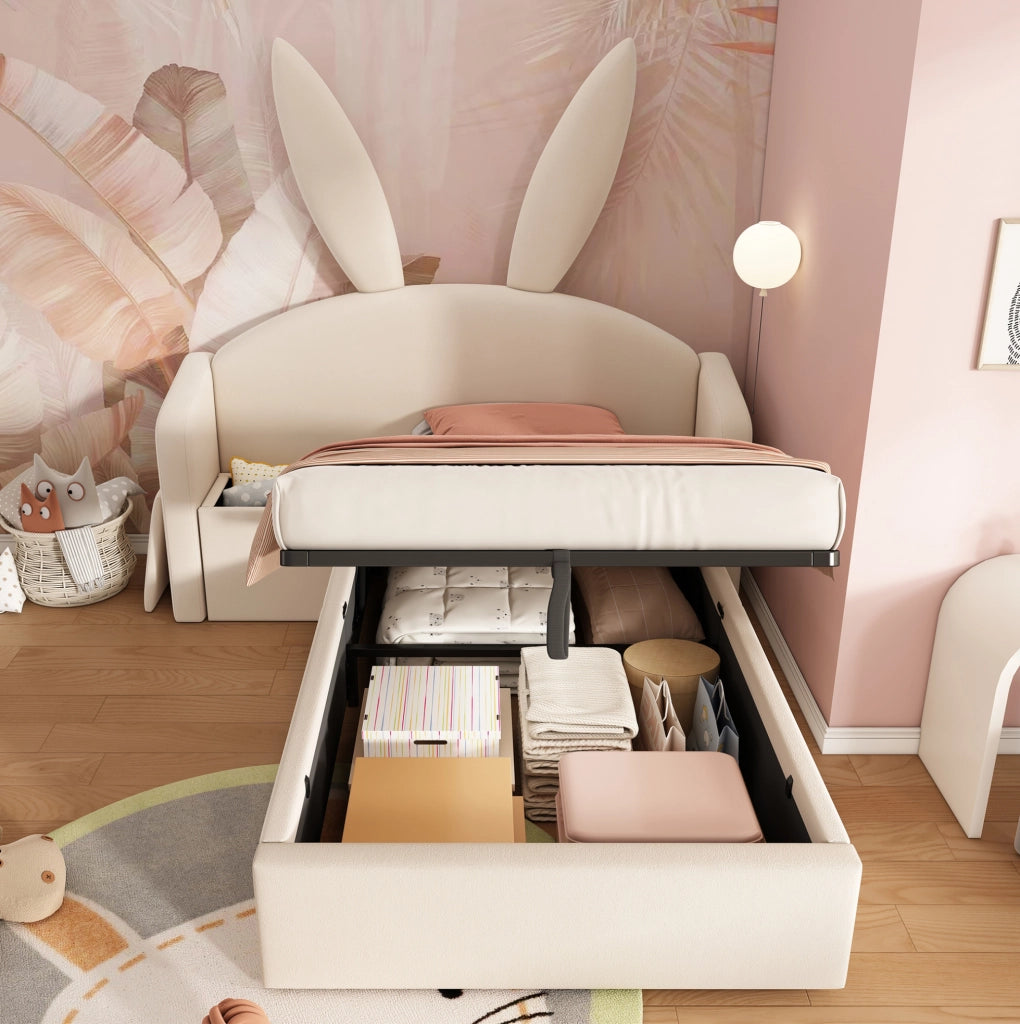 LETTO 90x190 cm per bambini in velluto beige con contenitore e comodino