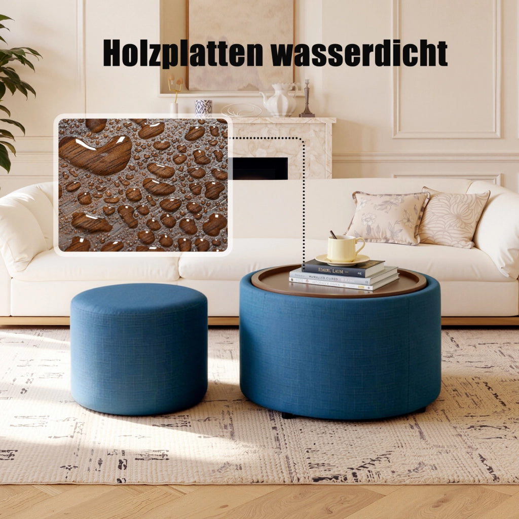 POUF Set da 2 pezzi 58 cm Blu in lino con vassoio in legno