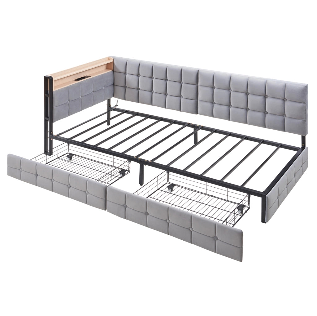 Divano letto imbottito 90x200 cm grigio con LED; 2 cassetti; USB e Type-C