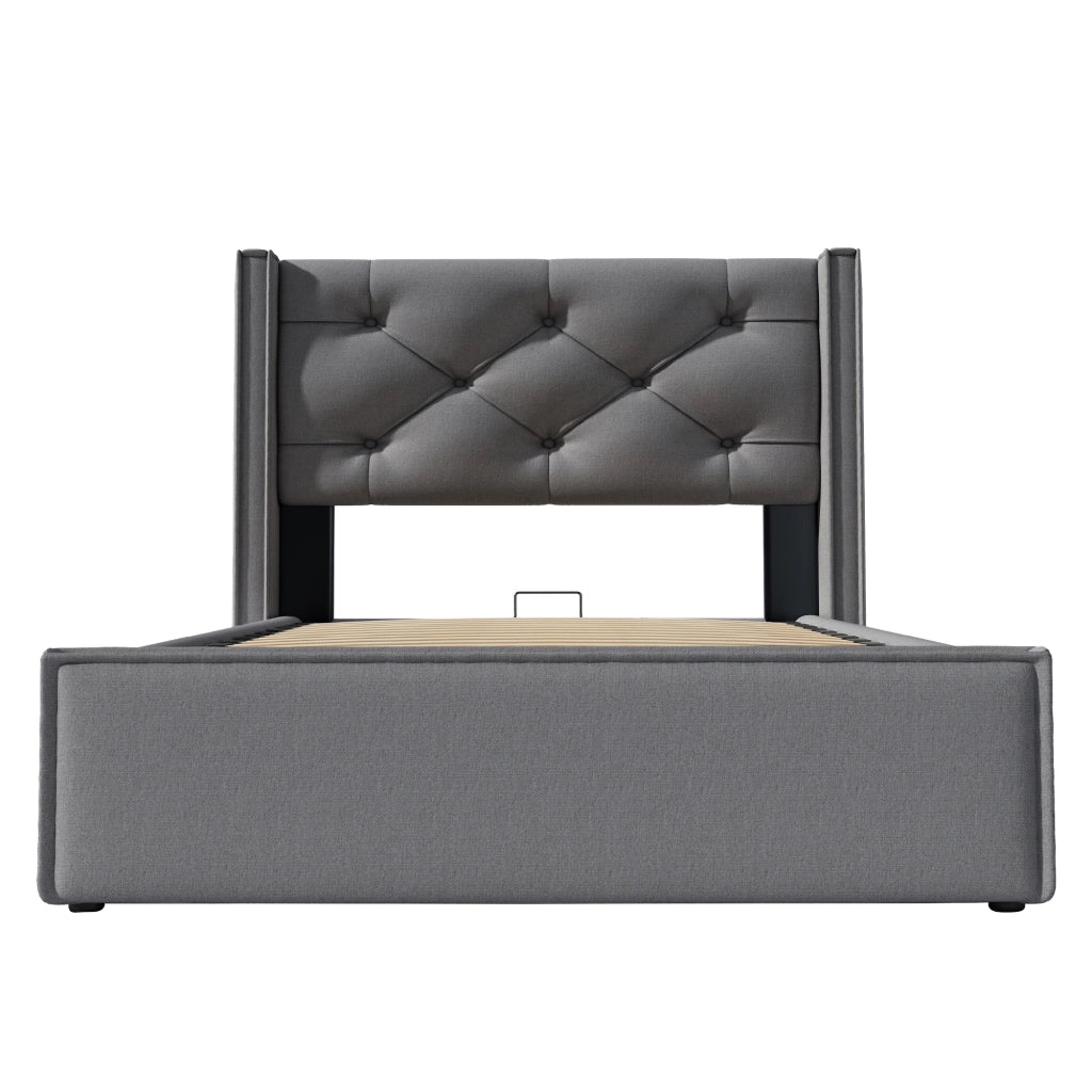 Letto singolo imbottito 90x200 con contenitore e rete sollevabile; cotone grigio