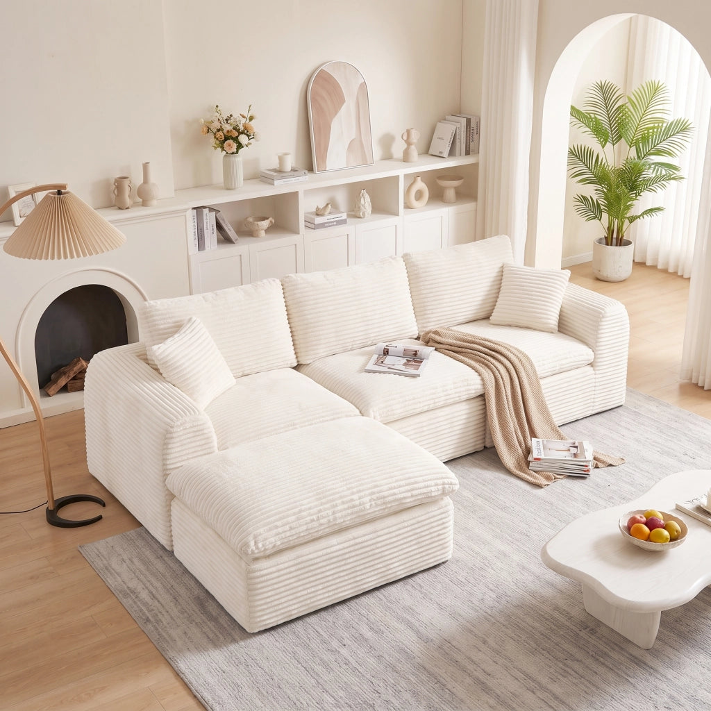 Divano d'angolo 3 posti 280 x 180 cm, 3 moduli, velluto a coste beige, schiuma e molle