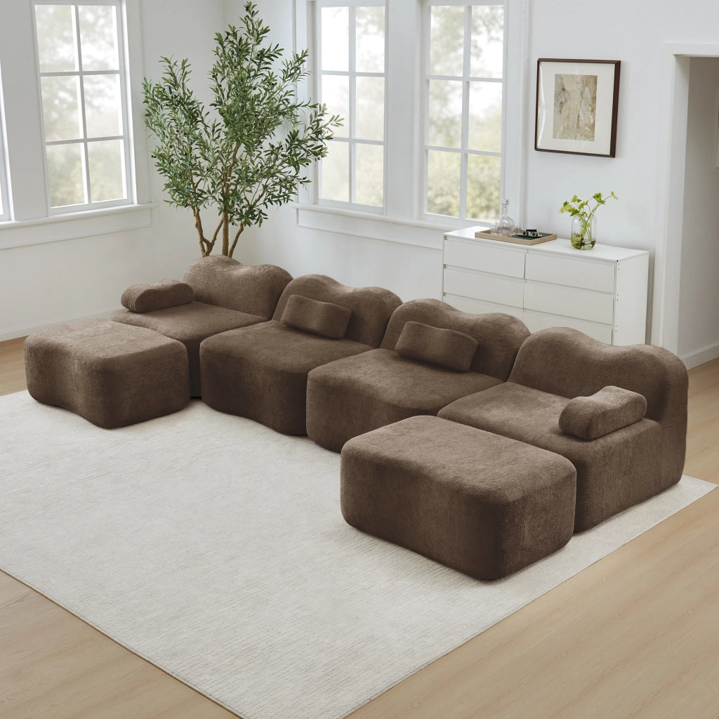 Divano Modulare U 4 Posti con 2 Ottoman ¨C MINIMAL ¨C Tessuto Marrone, Braccioli Mobili