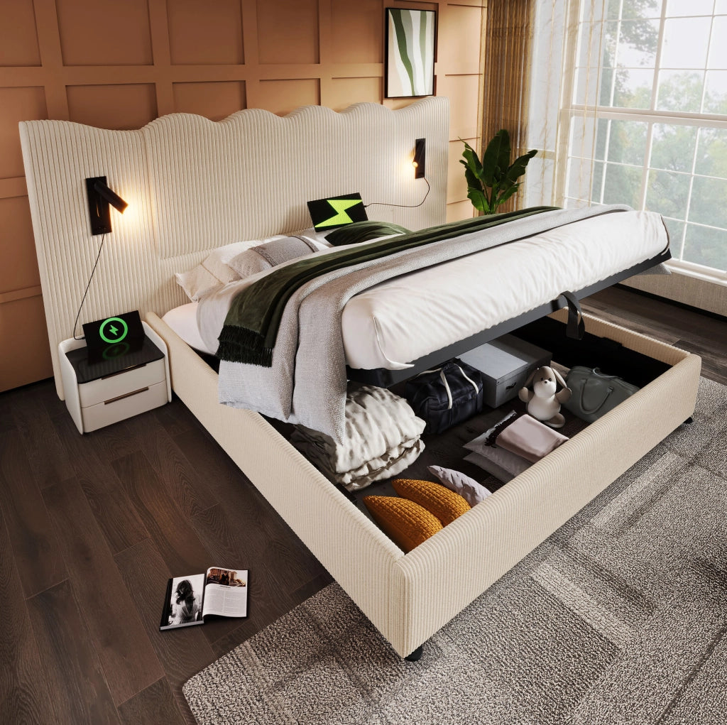 Letto matrimoniale 180x200 beige con contenitore e USB-C