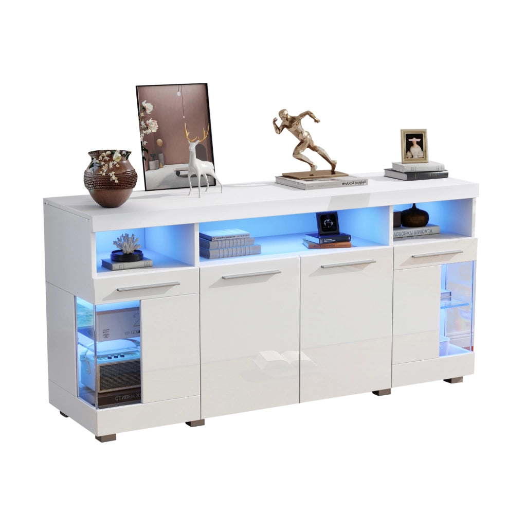 Credenza 140x40x70 cm con LED e 3 cassetti in MDF e vetro temperato bianco