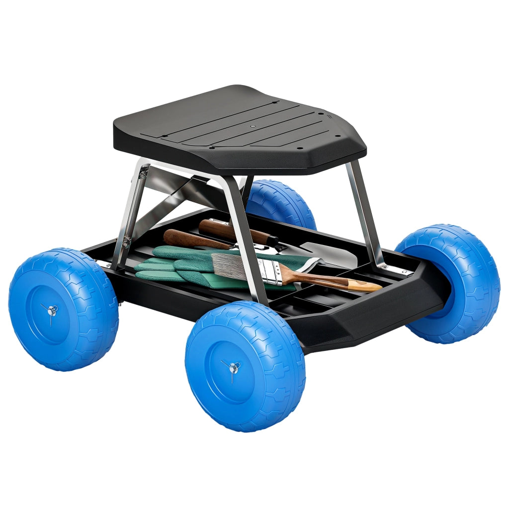 Sgabello da giardino con ruote carrello porta attrezzi 50 x 49 x 32 cm blu pratico per giardinaggio fai da te