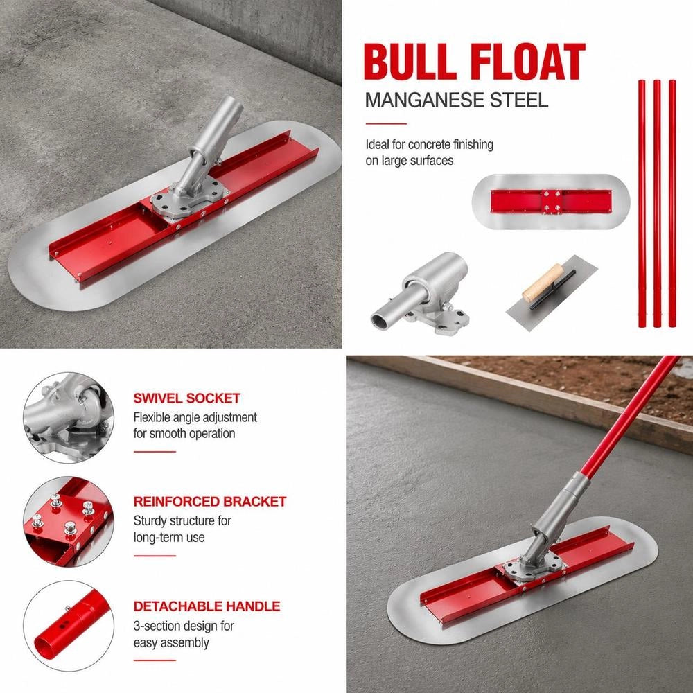Bull Float Concrete Float 1200x300 Mm, Complete Concrete Tool Trowel Set, Handle Length 3 X 1.8 M, Smoothing Trowel, Steel, Adjustable Bottom, Construction Aid
