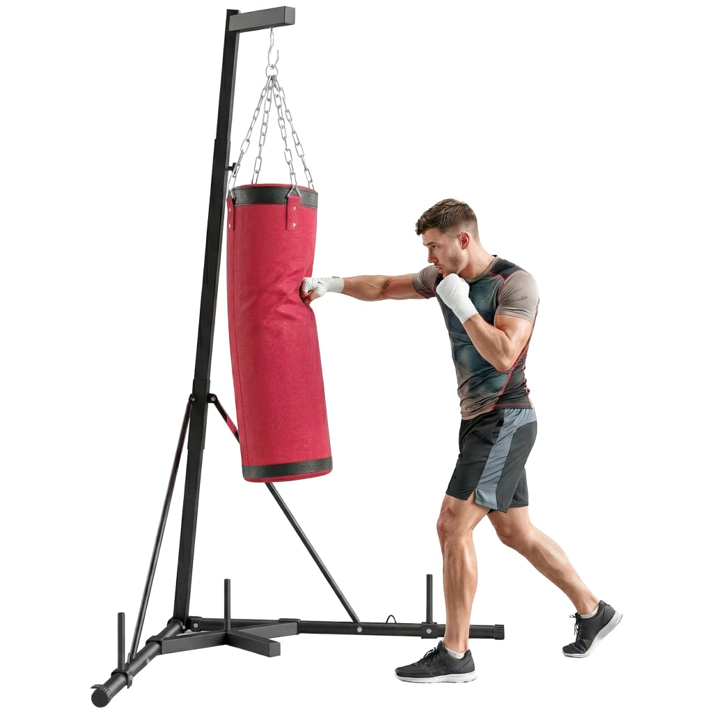 Supporto per Sacco da Boxe Regolabile in Acciaio e Tela con Sacco, Base Triangolare per Casa, Rosso, 175x91x185-231 cm