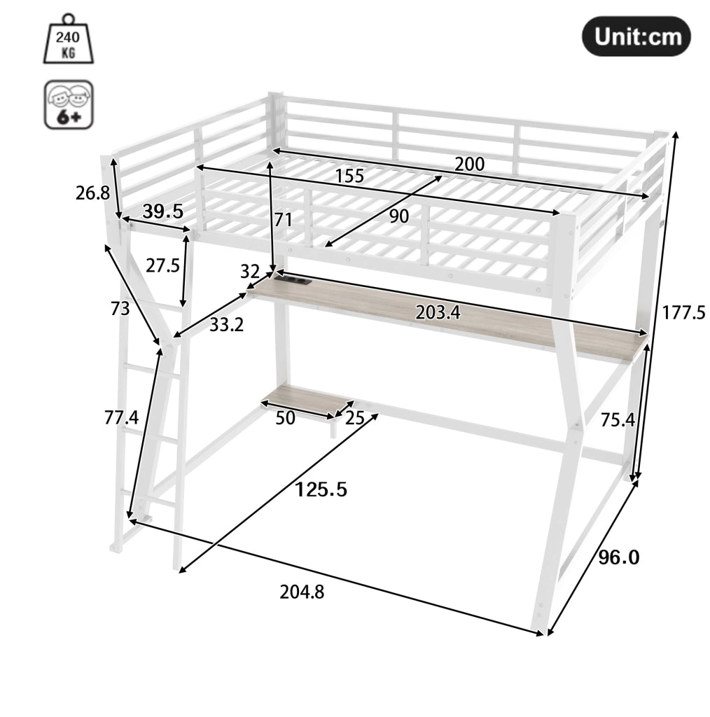 Letto a soppalco 90x200 cm con scrivania; LED e prese USB in metallo e MDF