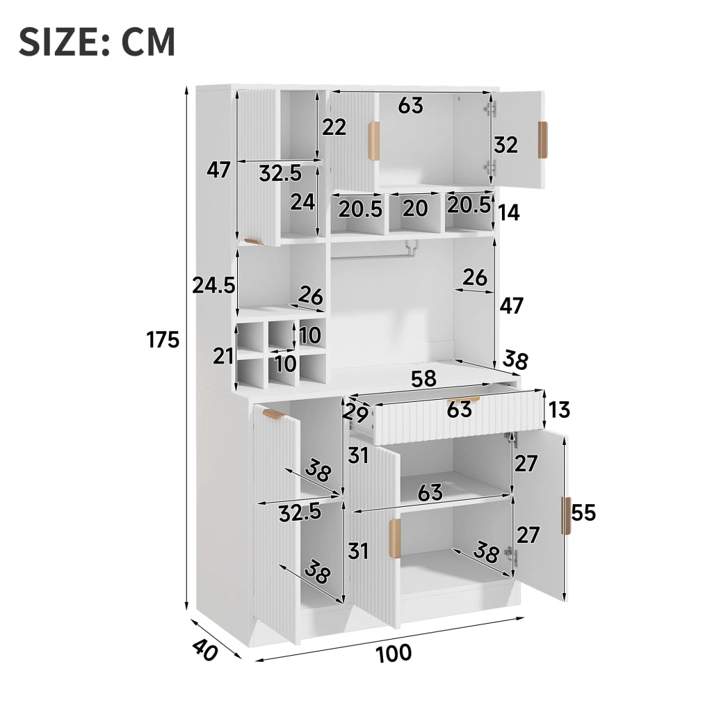 Credenza alta da cucina 100x40x175 cm con prese USB-A e USB-C; bianco