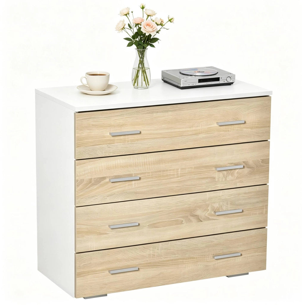 Cassettiera 4 cassetti bianco e legno chiaro 76x35x72 cm