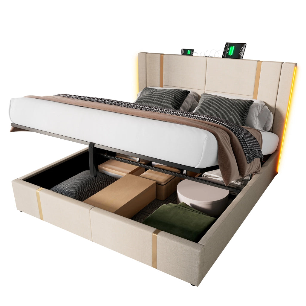Letto matrimoniale imbottito 160x200 beige con LED RGB