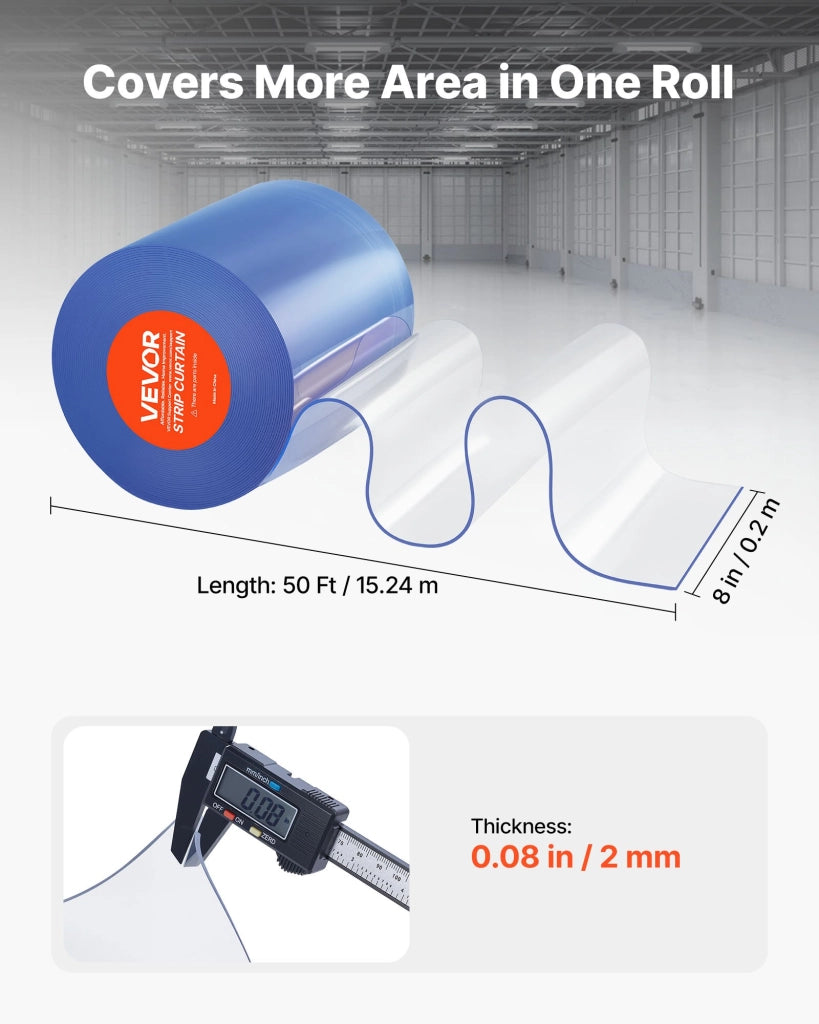 Rotolo Tenda a Strisce in PVC Trasparente MS-0001 15 m x 20 cm Spessore 2 mm per Porte Magazzino e Celle Frigorifere