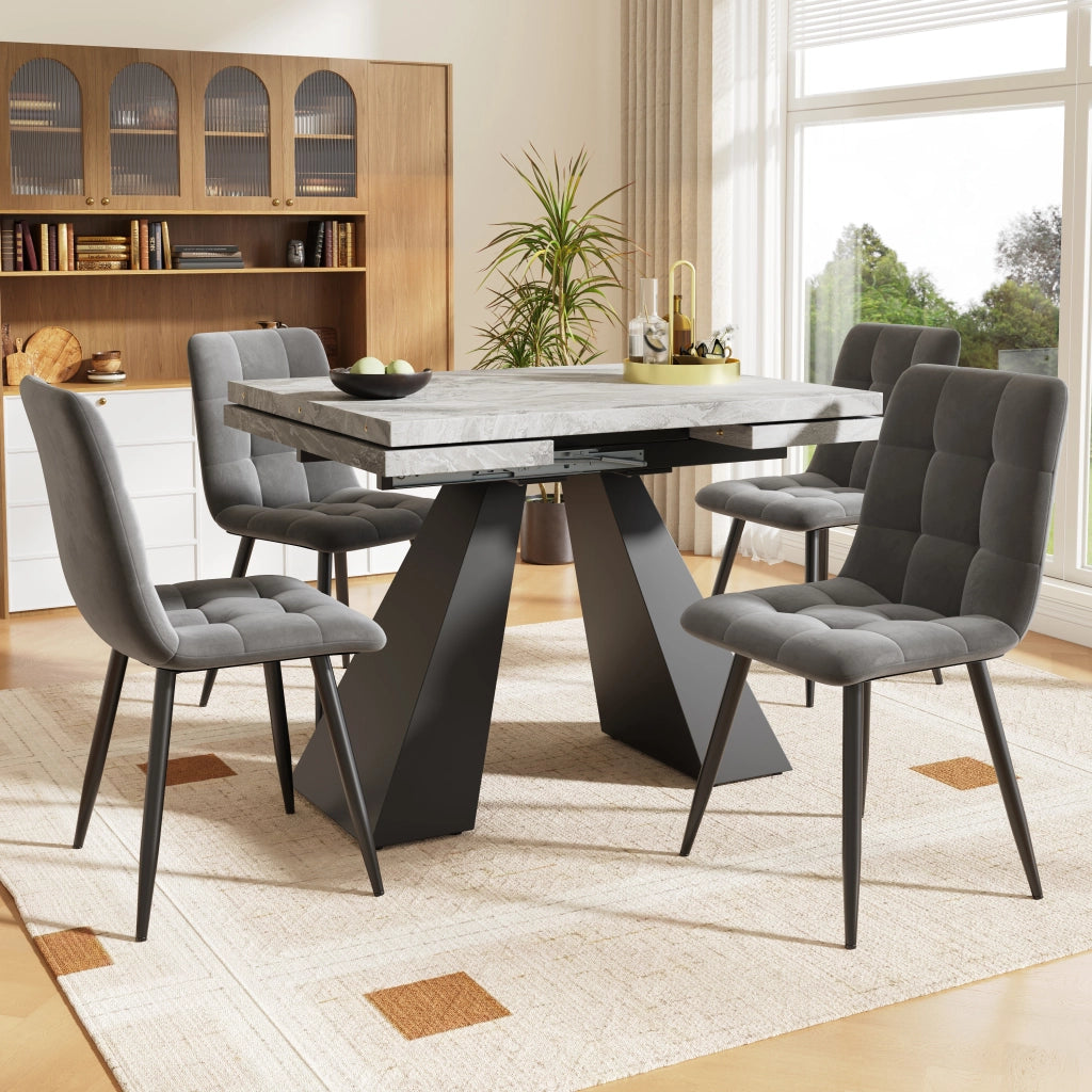 Set tavolo e sedie 5 pezzi tavolo allungabile MDF effetto marmo nero 4 sedie velluto grigio 99-159 × 74 × 77 cm