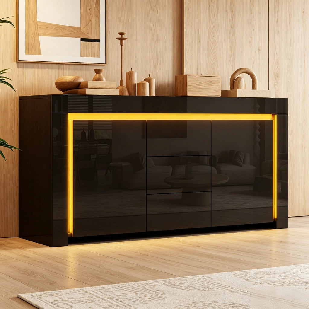 Sideboard moderno 140x40x65 cm con 2 porte; 3 cassetti e LED; nero lucido