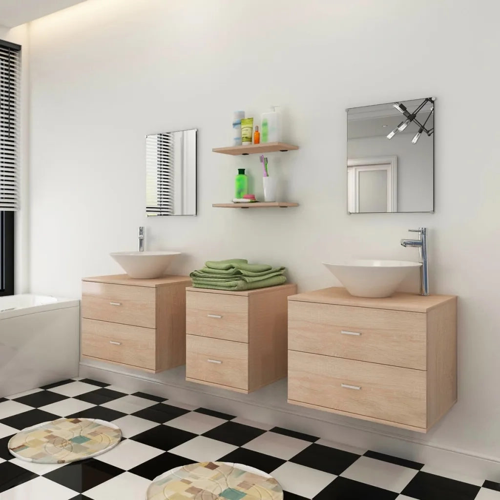 Set Mobili da Bagno 9 pz con Lavabo e Rubinetto Beige