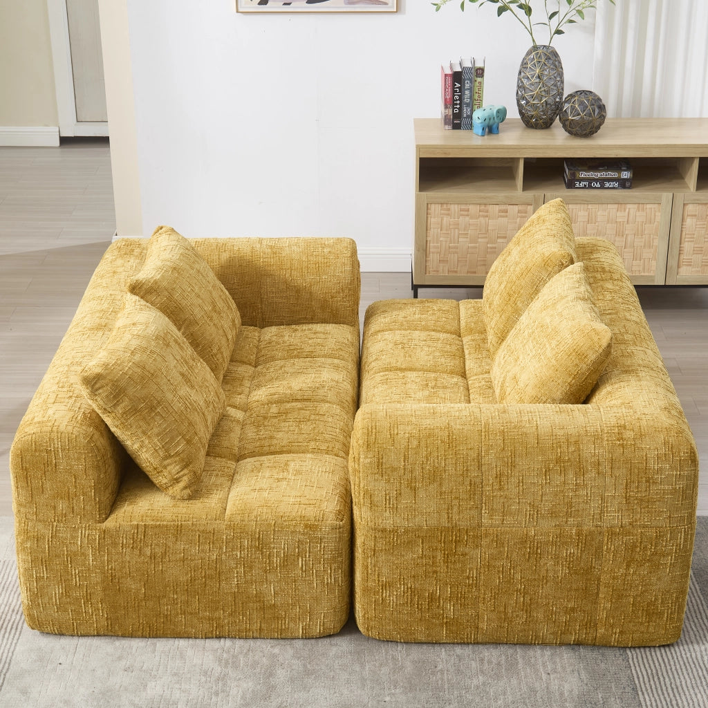 Divano componibile 3 posti in ciniglia gialla con chaiselongue; 250 cm
