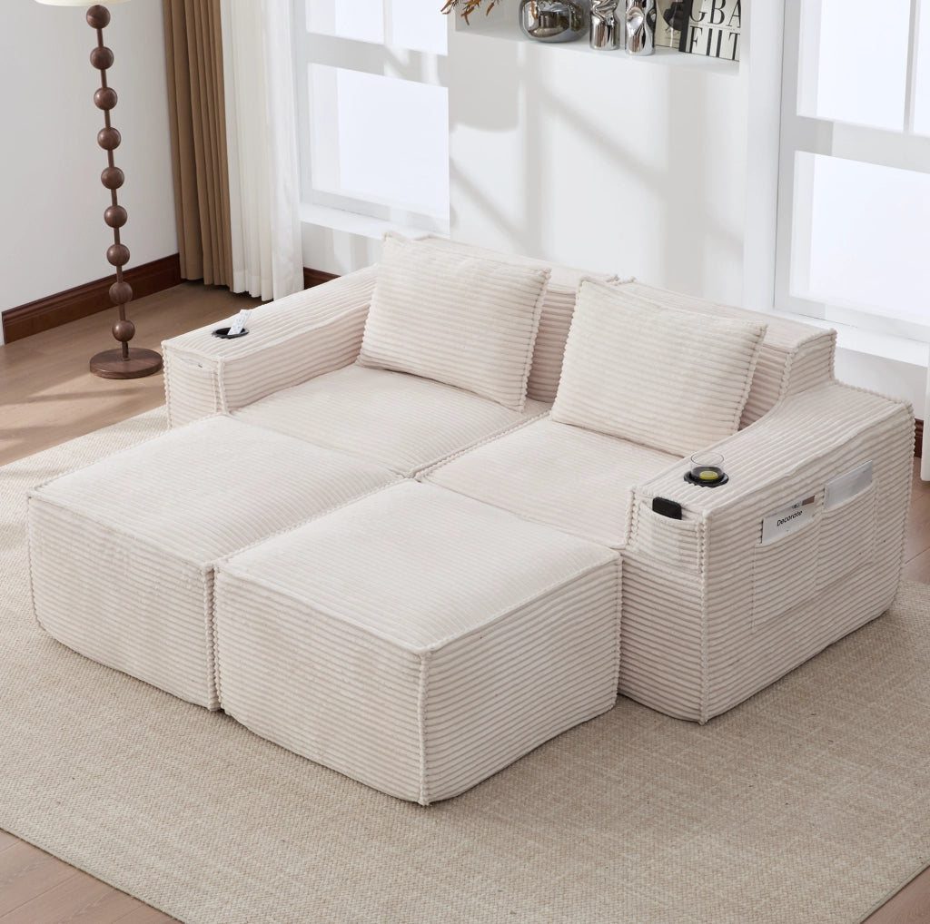 Divano modulare 2 posti corduroy con pouf, porta bicchieri e tasche, beige