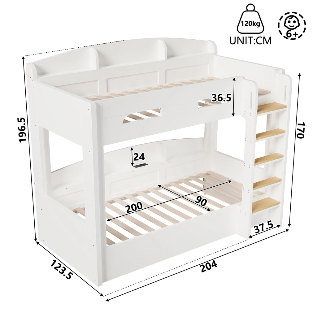 Letto a castello due posti 90 × 200 cm con presa USB e ripiani laterali in legno e MDF