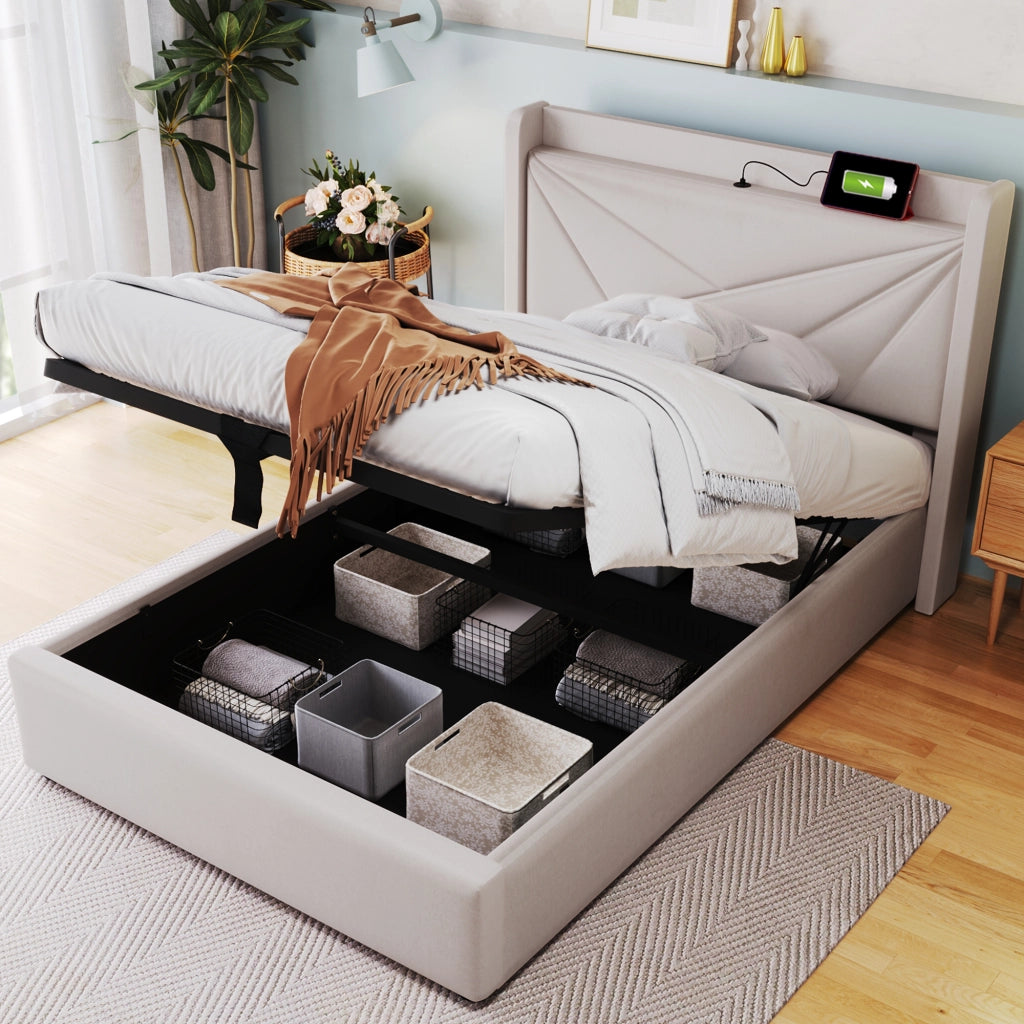 Letto singolo contenitore 90x200 beige con testiera geometrica