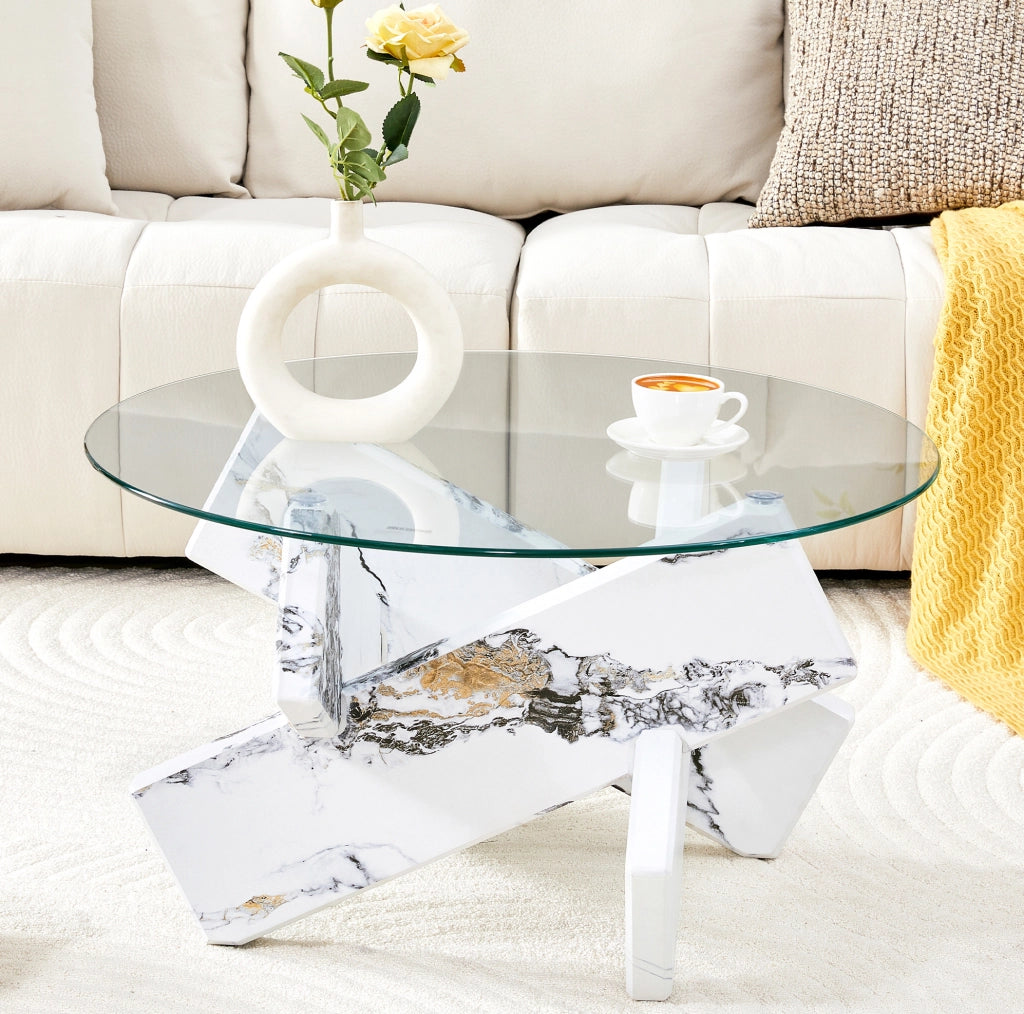 TAVOLO DA CAFFÈ ROTONDO 79 cm MDF E VETRO TRASPARENTE BIANCO