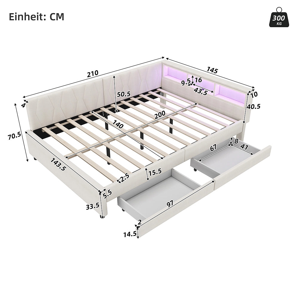 Daybed-Xylo-140x200 cm-LED, USB-C, 2 cassetti, lino beige