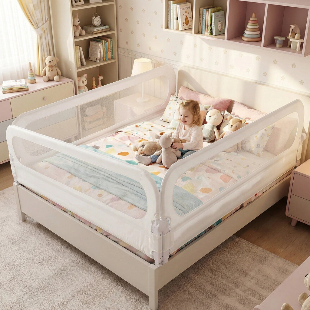 Set di 2 sbarre letto pieghevole 198 cm e sbarra letto 178 cm, 3 sbarre protettiva regolabile con accessori completi 2 dimensioni Bianco