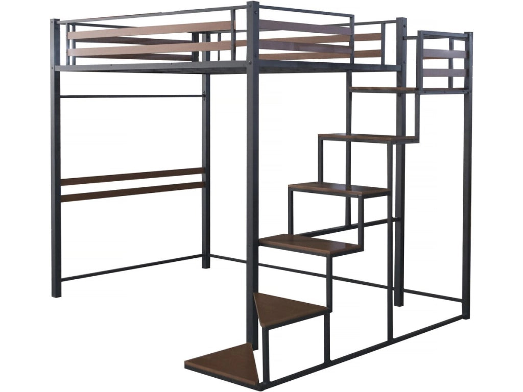 Letto a soppalco in metallo con scala "LENA" - 140 x 200 cm - Nero e marrone noce