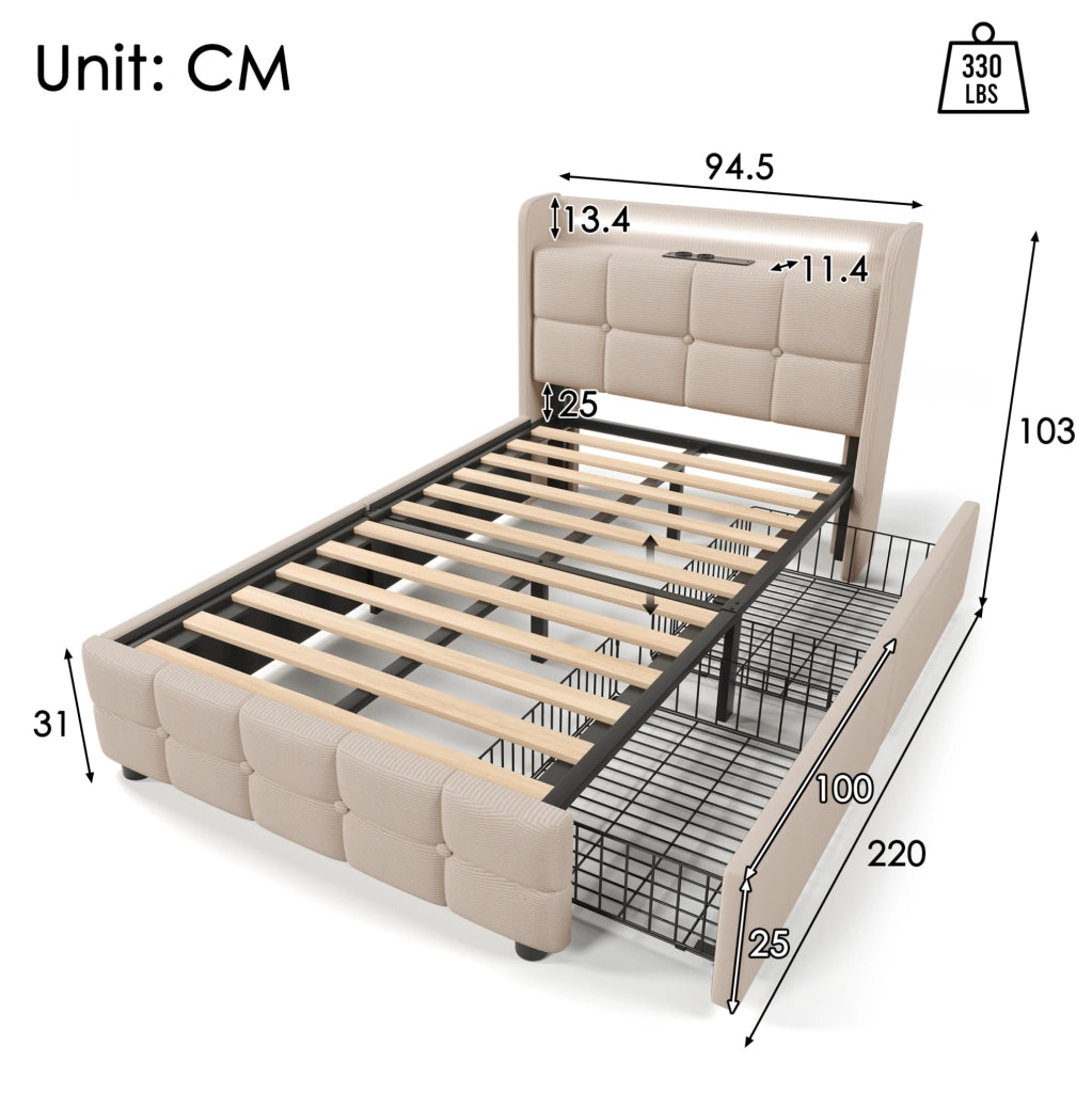Letto singolo imbottito 90x200 cm con USB; prese; LED e 2 cassetti; beige