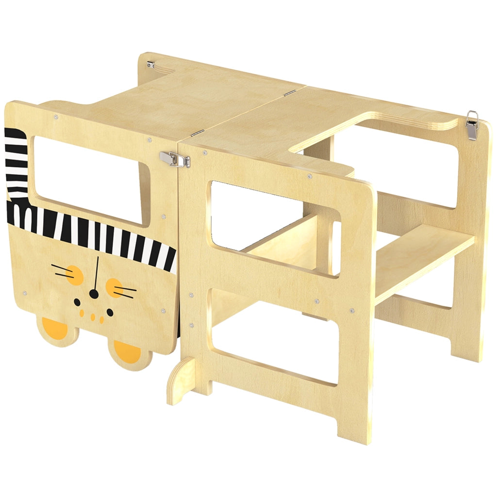 Torre di Apprendimento 3 in 1 ¨C Xylo ¨C Pieghevole Convertibile Scrivania Sedia con Lavagna Gatti Legno Naturale
