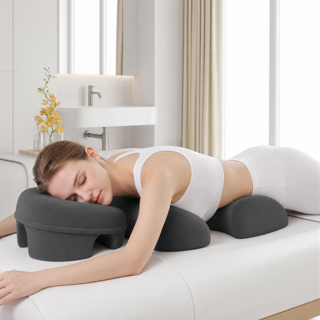 Cuscino per posizione prona 2 pezzi con supporto viso e torace in schiuma memory grigio scuro per massaggi e riposo