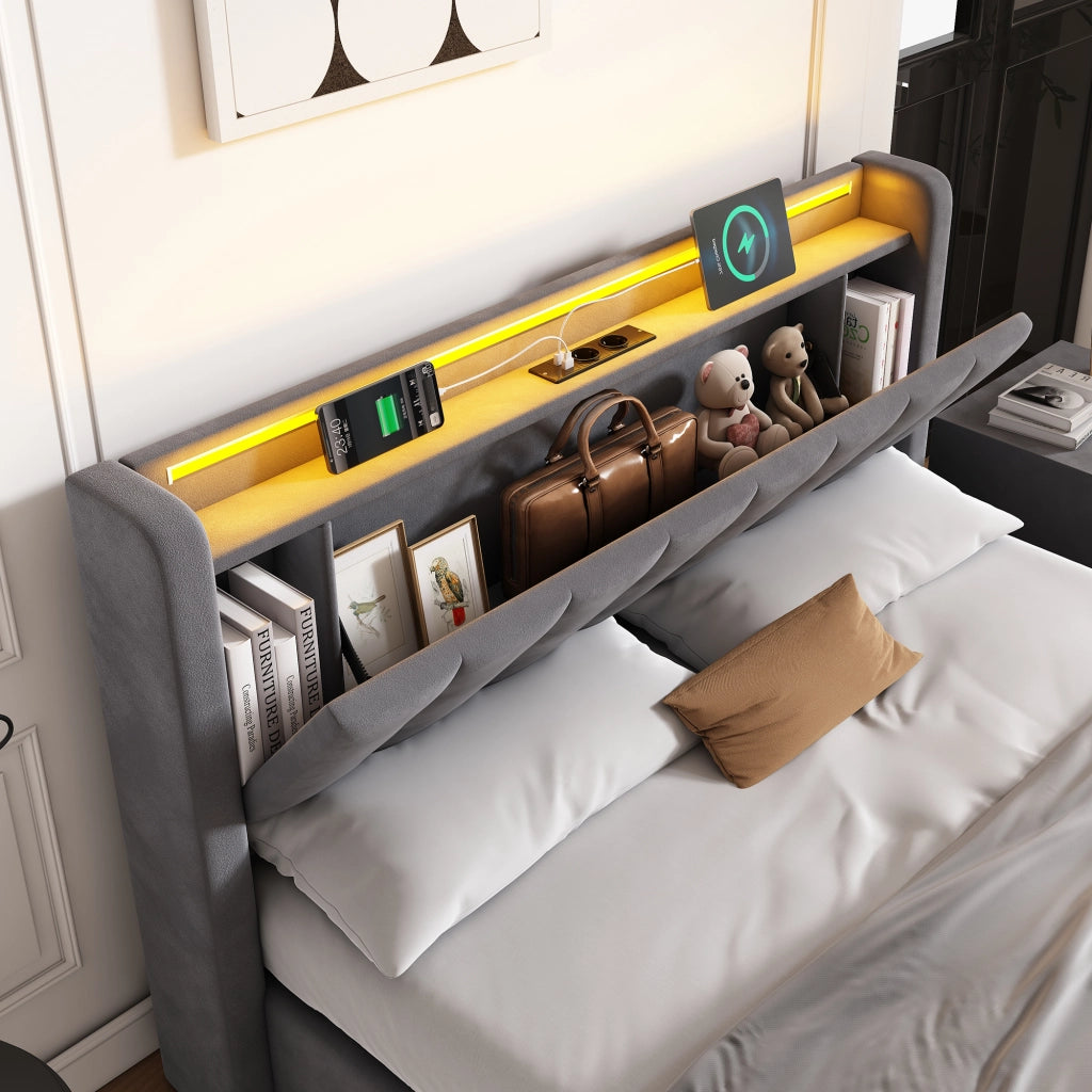Letto imbottito 140x200 cm in velluto con LED, 2 cassetti e porte USB