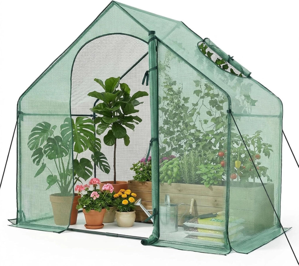 Serra da Giardino, Mini Serra da Esterno con Finestra e Porta Avvolgibile con Cerniera, Copertura in PE, Struttura in Metallo, Picchetti e Corde, per Cortile e Giardino 183 x 99 x 166 cm