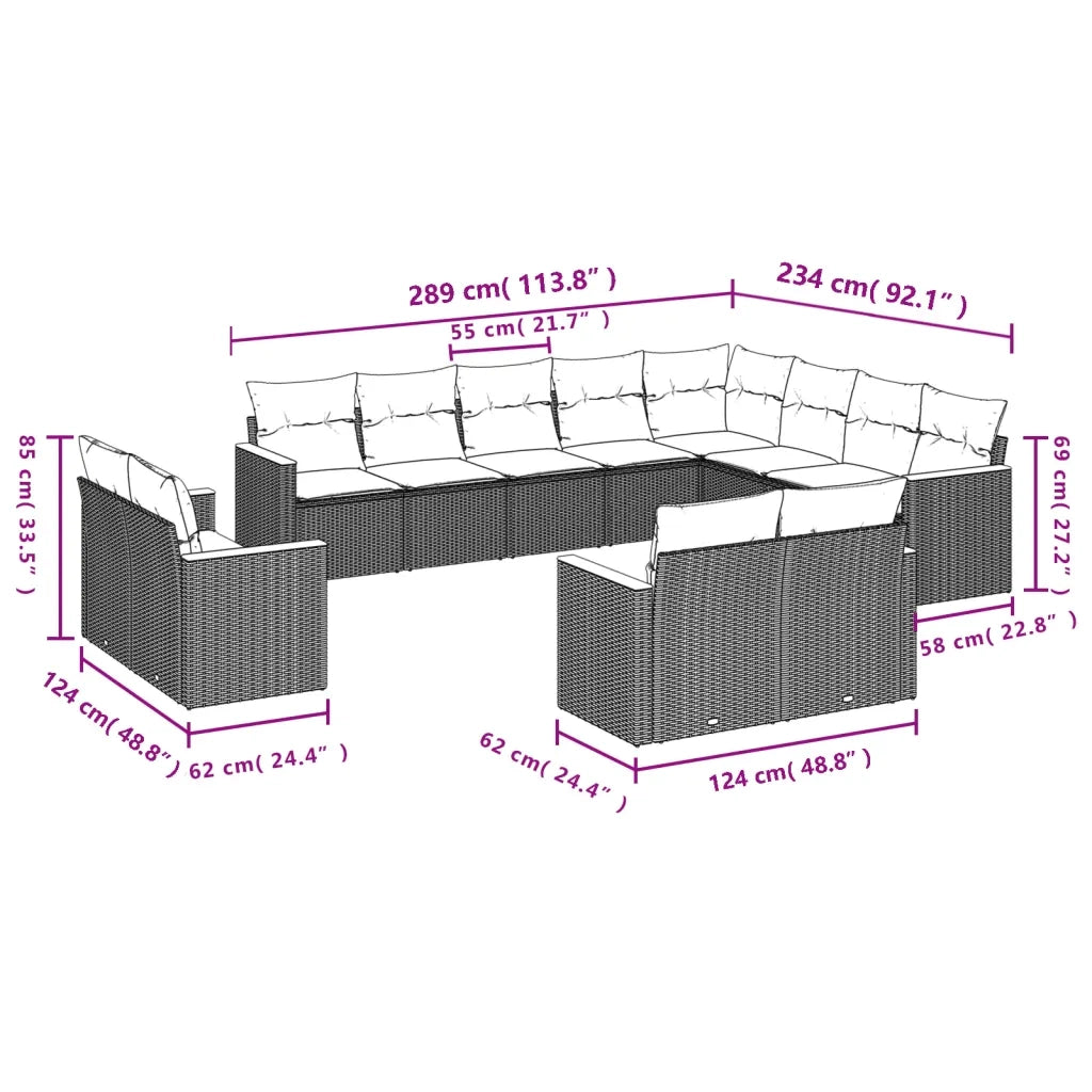 Set Divani da Giardino 12 pz con Cuscini Beige in Polyrattan 3226513