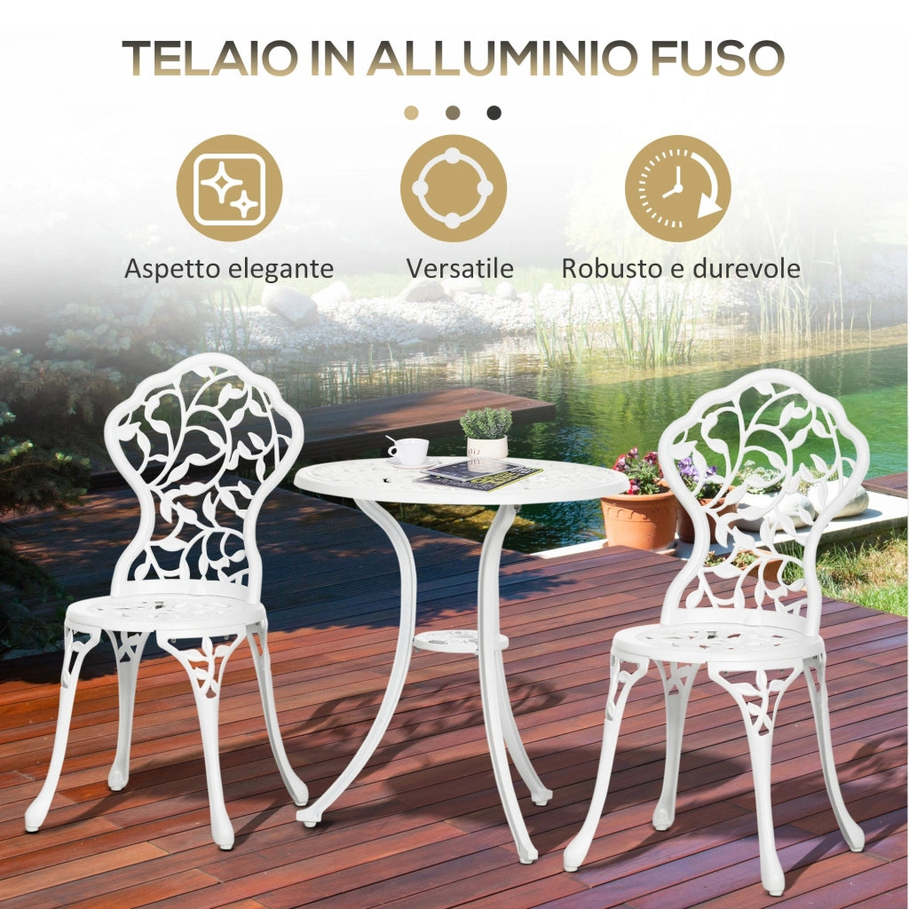 Set Tavolino e 2 Sedie da Giardino in Alluminio Bianco