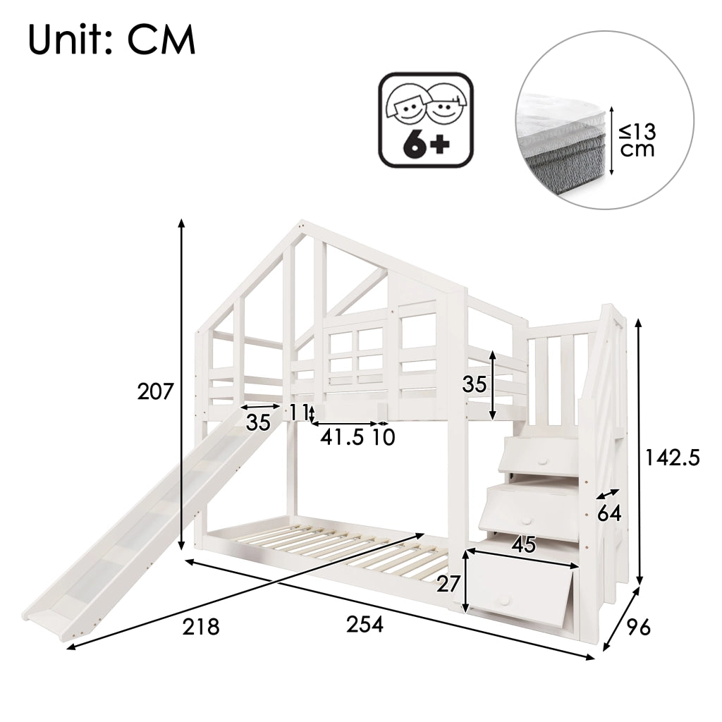 Letto a castello per bambini 90x200 cm con scivolo bianco