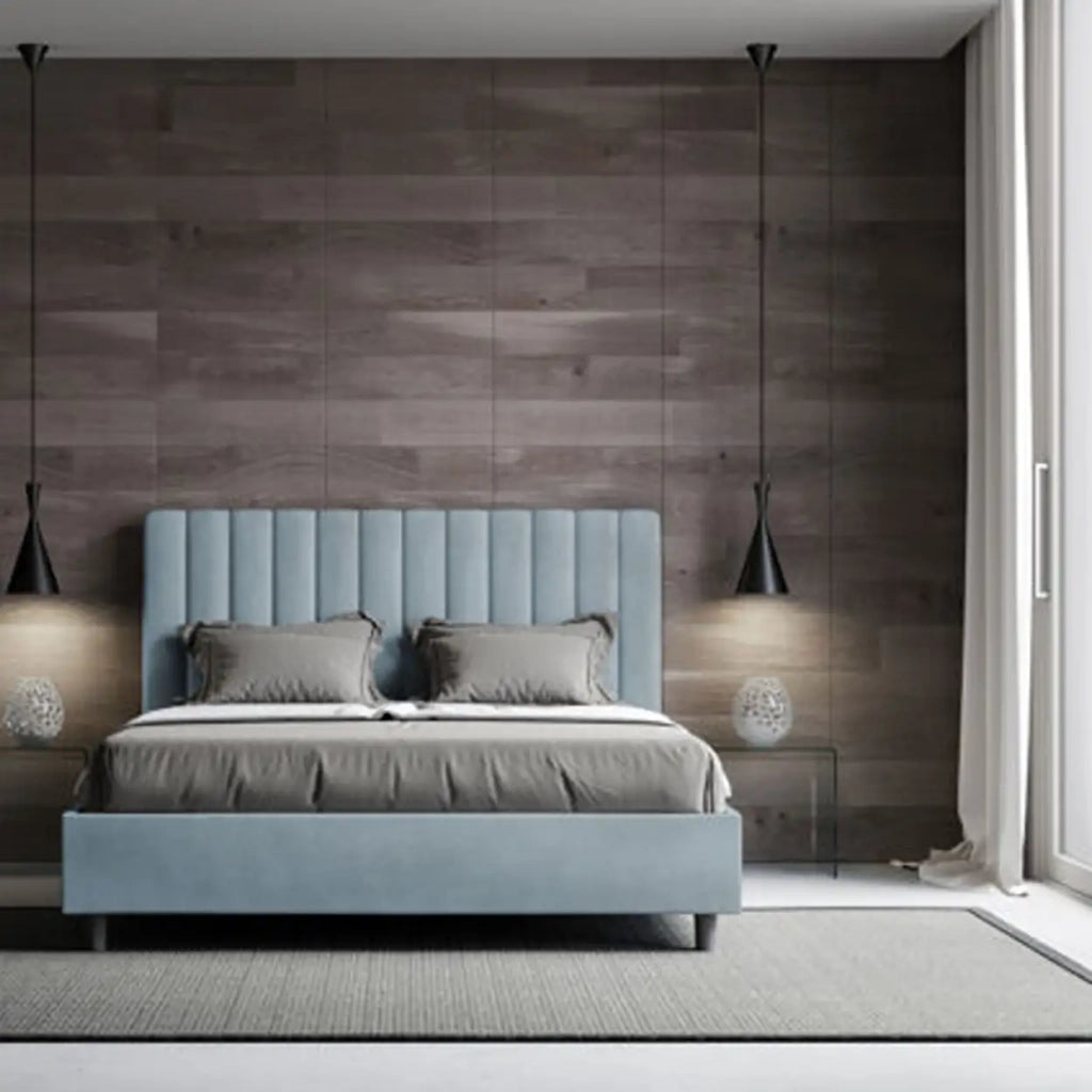 Letto matrimoniale francese con rete imbottito 140x190 microfibra azzurro Agueda